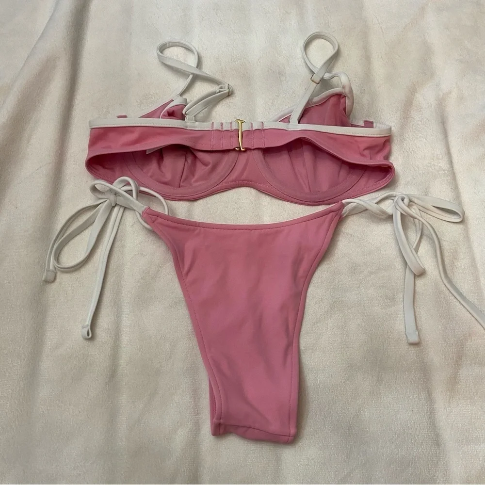 New! Frankie’s Bikinis x PINK Pink and White Bikini Set 3983